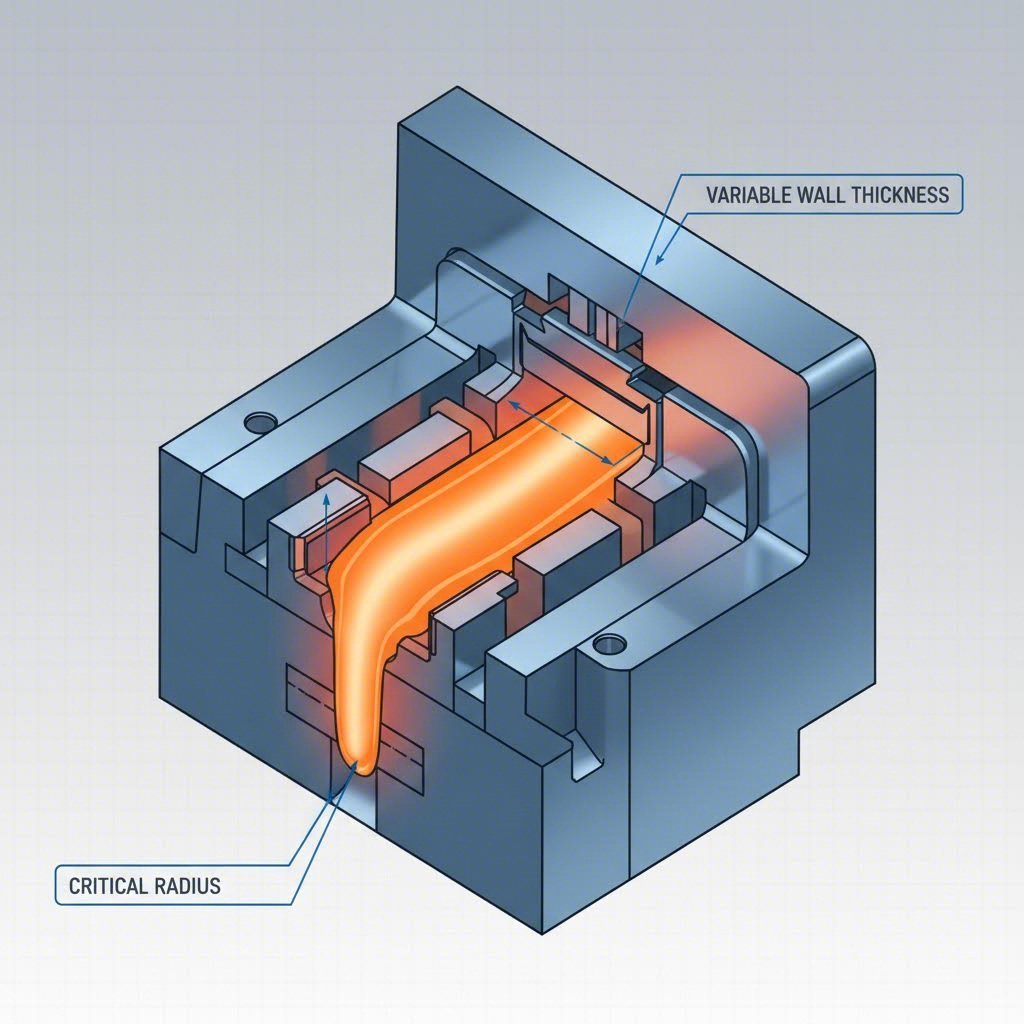 cross section view of aluminum flowing through precision extrusion die geometry
