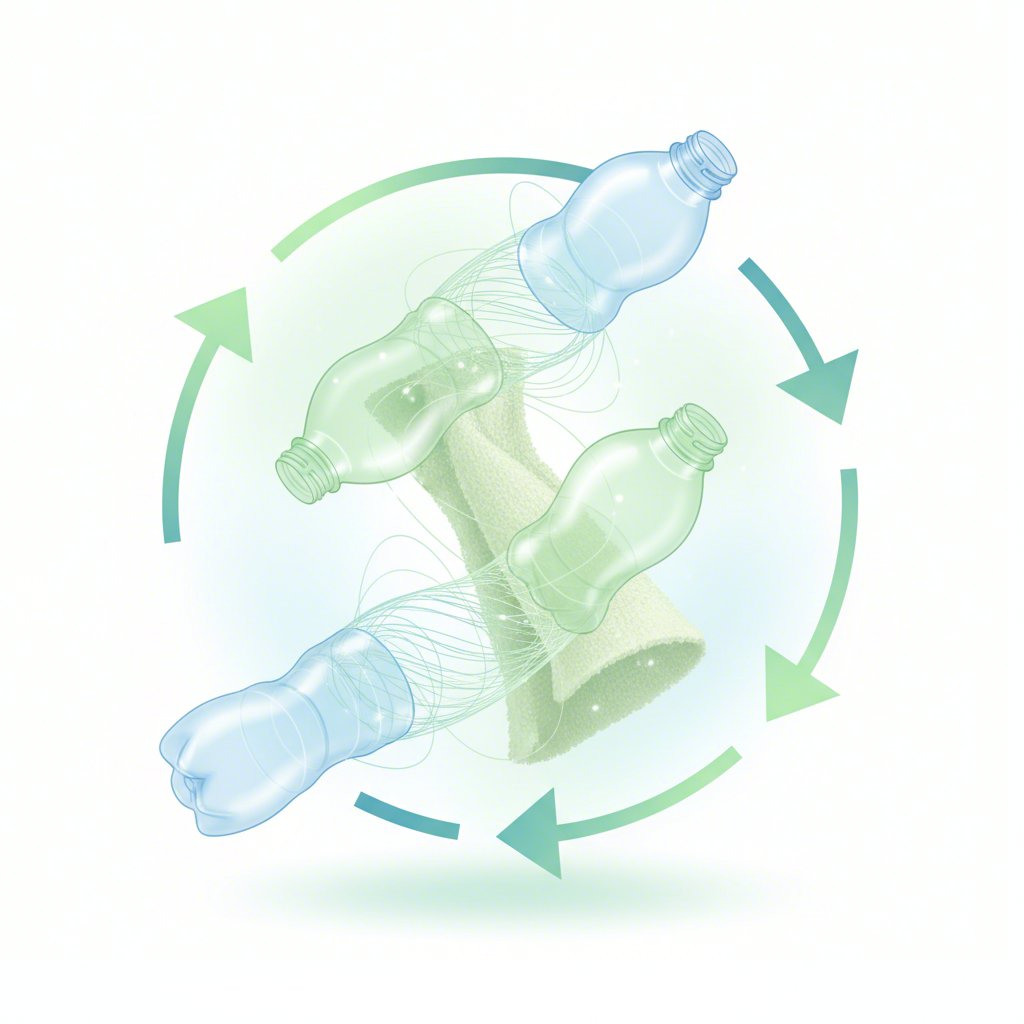 conceptual art showing the recycling process of plastic bottles into rpet fabric for drawstring bags