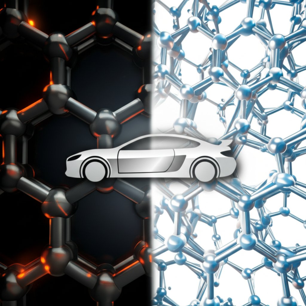 conceptual art showing the material contrast between dense steel and lightweight aluminum in automotive design