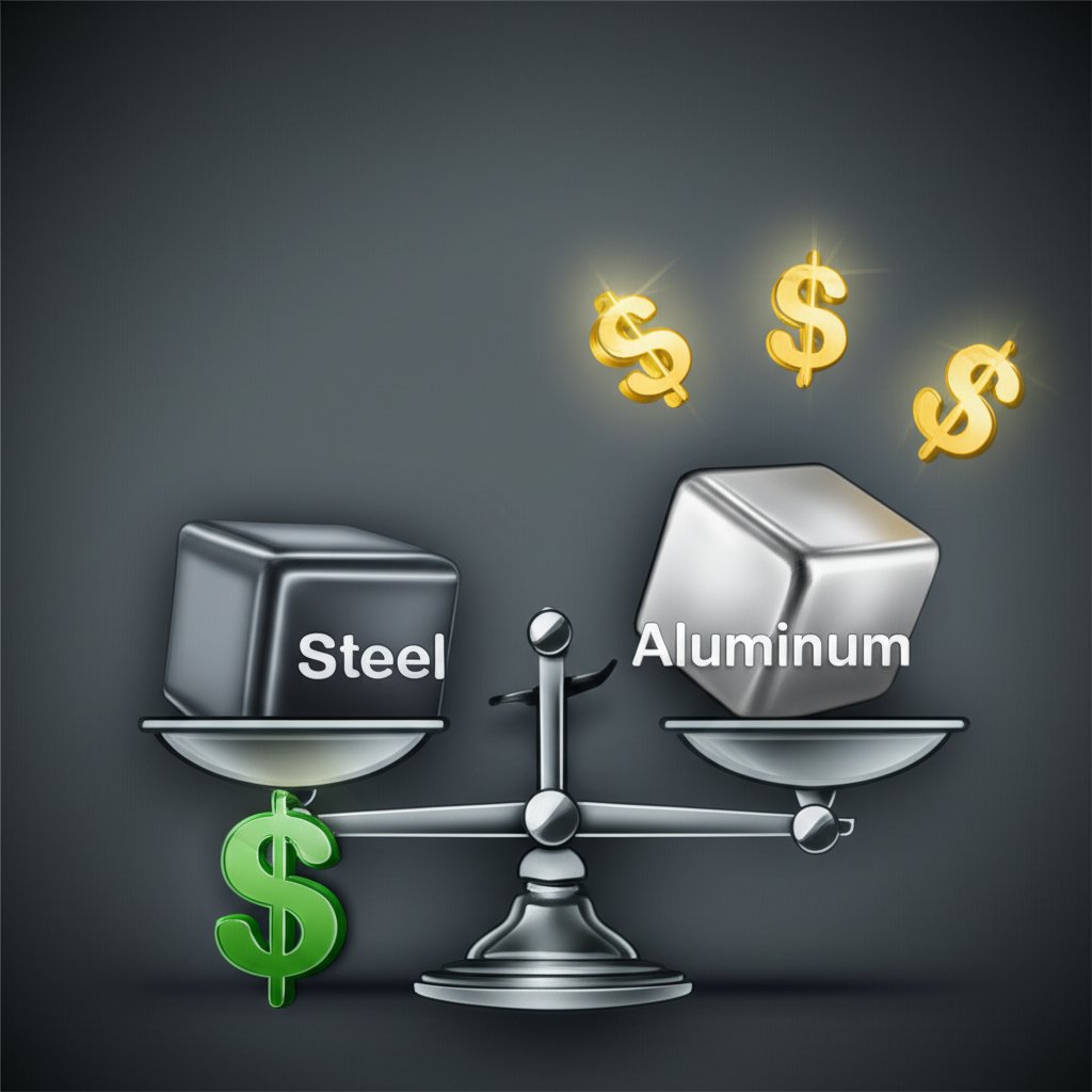 visual representation of the trade off between steels low cost and heavy weight versus aluminums high cost and light weight