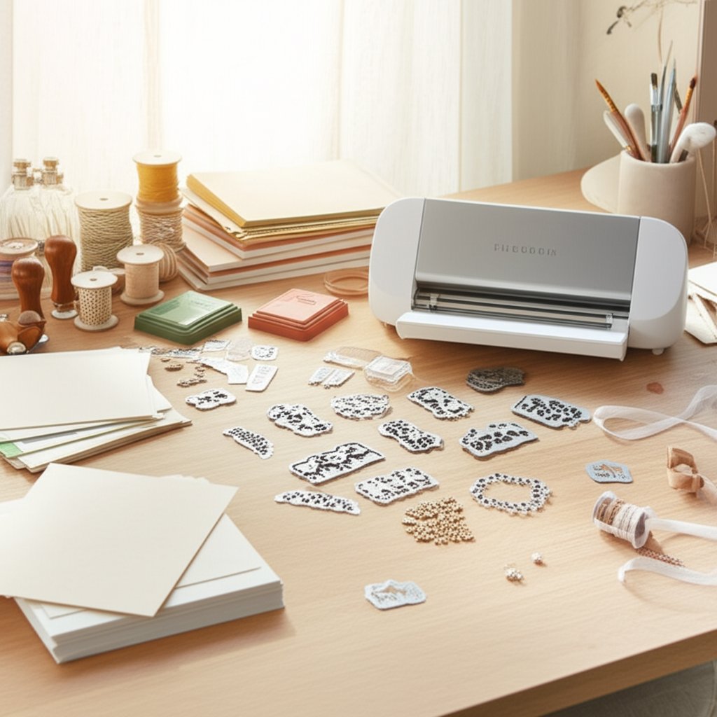 stamping and die cutting tools arranged in a creative workspace