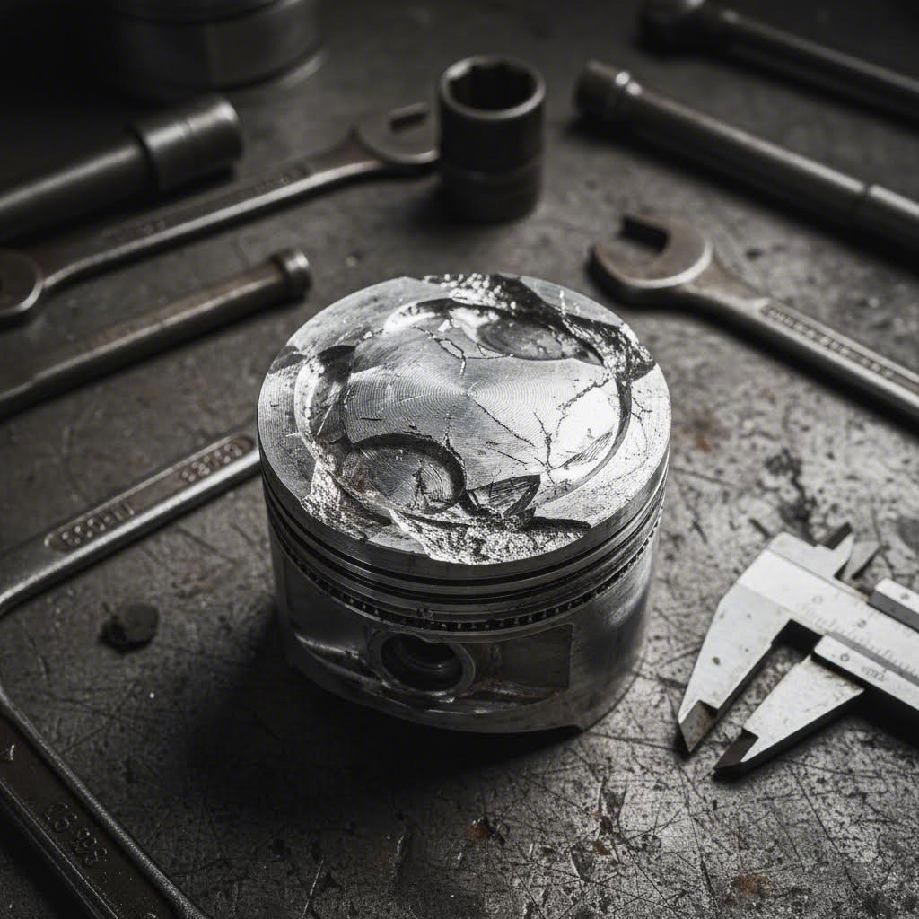 detonation damage visible on piston crown from excessive cylinder pressure