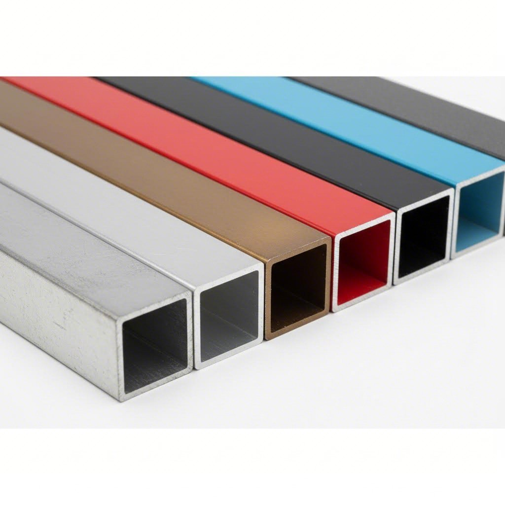 aluminum channel samples showing various anodized and powder coated surface finishes