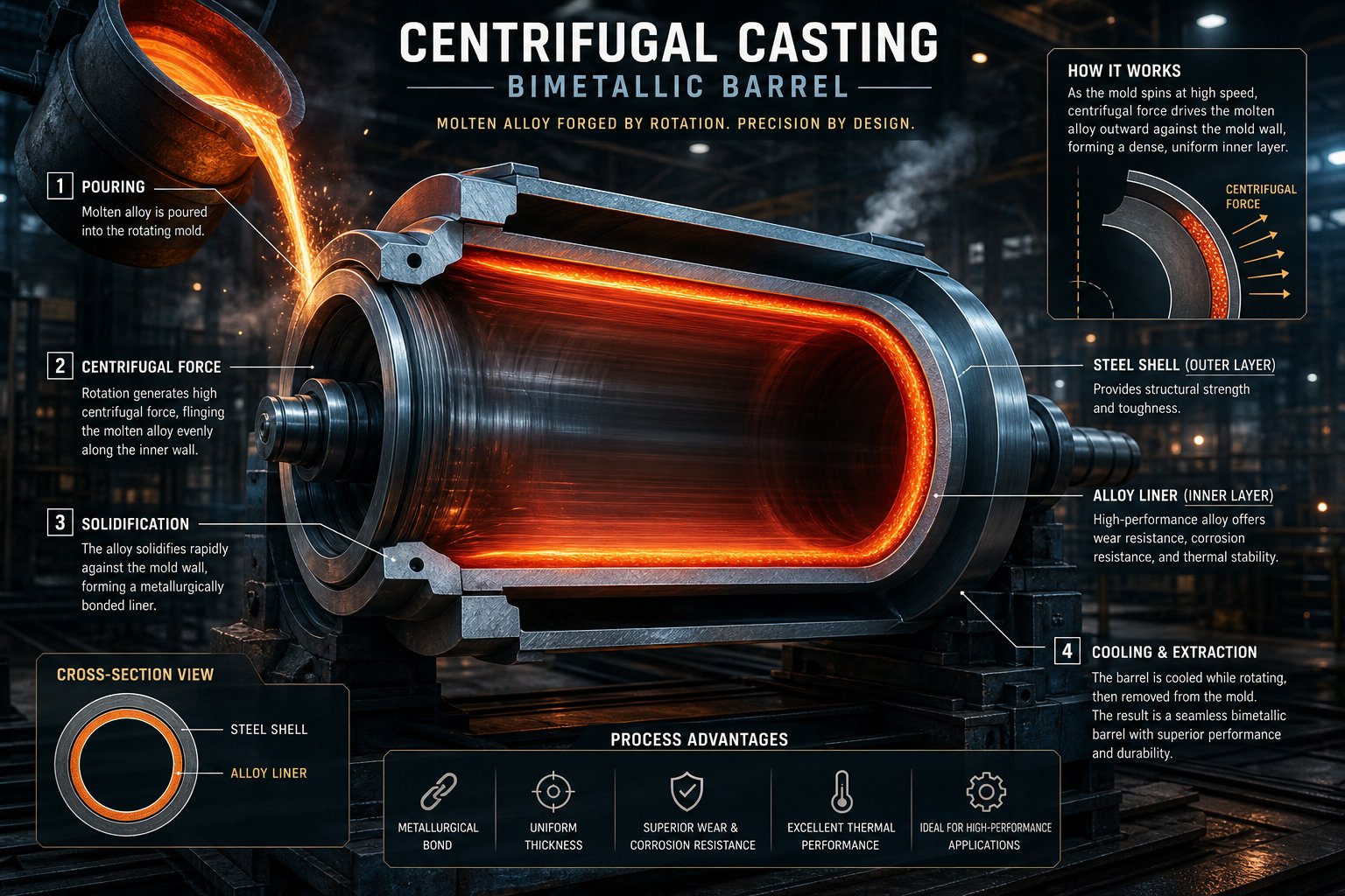 centrifugal casting process fuses a wear resistant alloy liner to the inside of a structural steel barrel shell