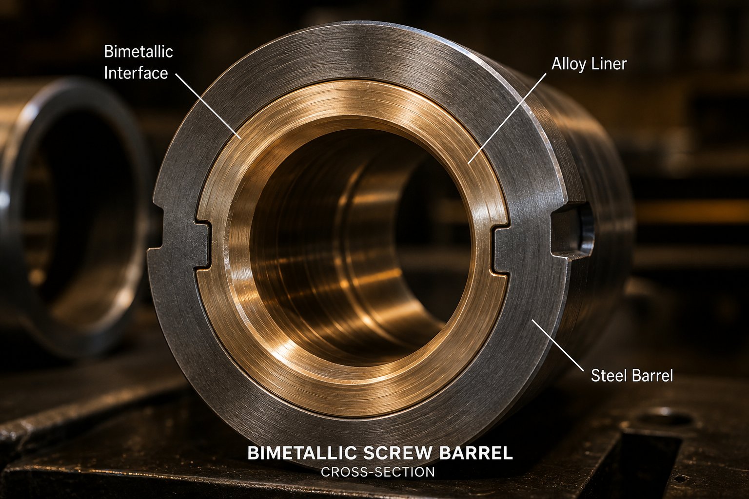 cross section view of a bimetallic screw barrel showing the wear resistant alloy liner bonded to the structural steel shell