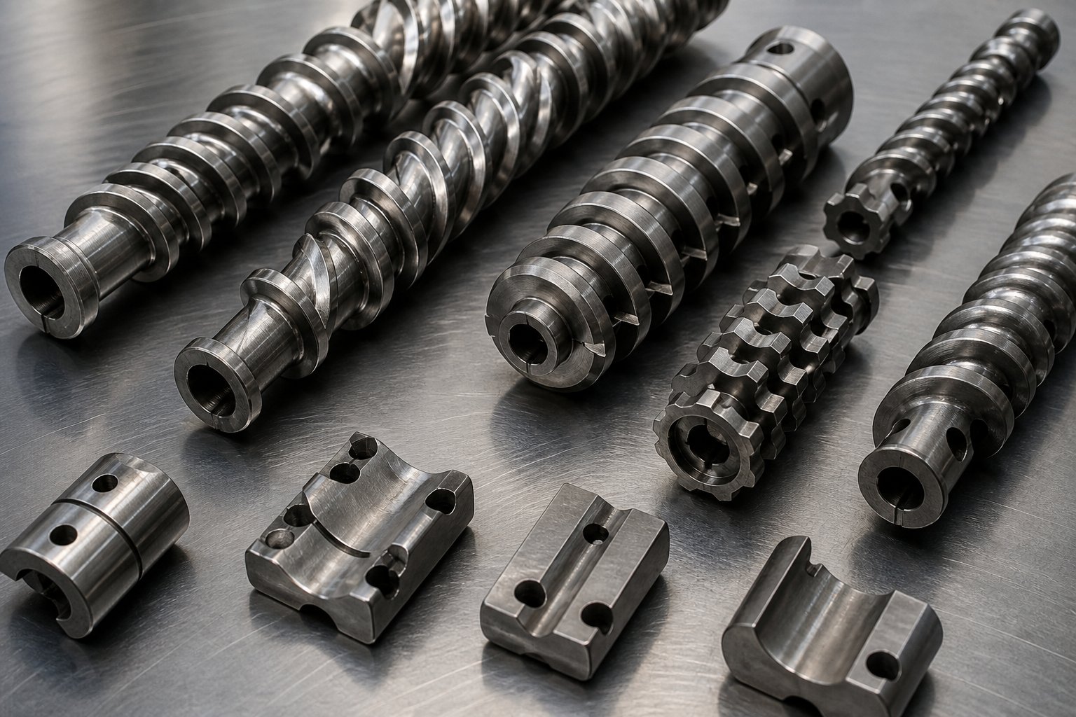 individual twin screw elements including conveying flights kneading blocks and mixing elements