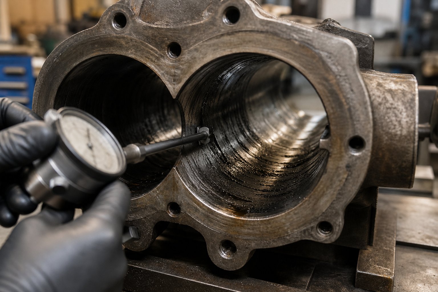 maintenance technician inspecting a worn twin screw barrel segment for bore diameter wear