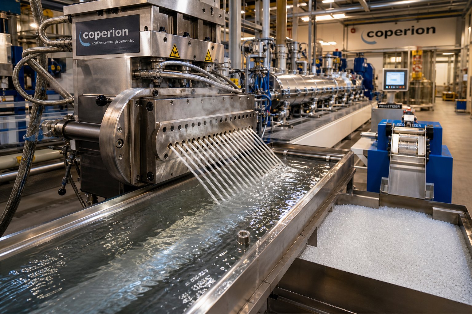 twin screw compounding line producing polymer pellets through strand extrusion and pelletizing