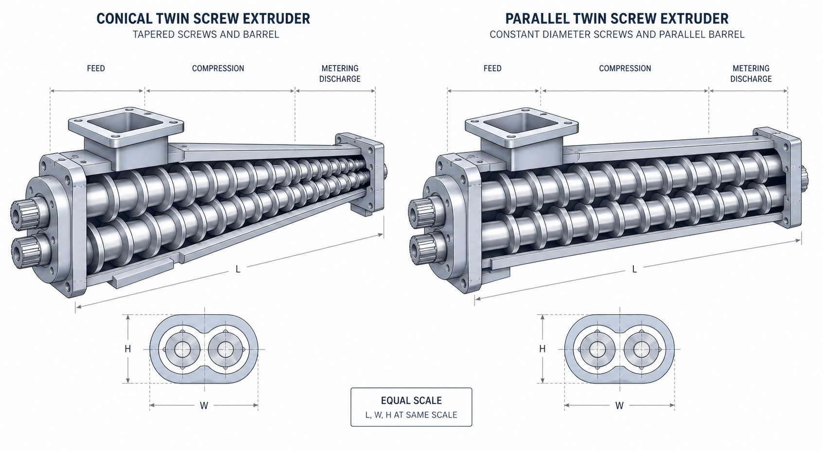 conical vs parallel twin screw extruder geometry showing tapered and constant diameter screw designs