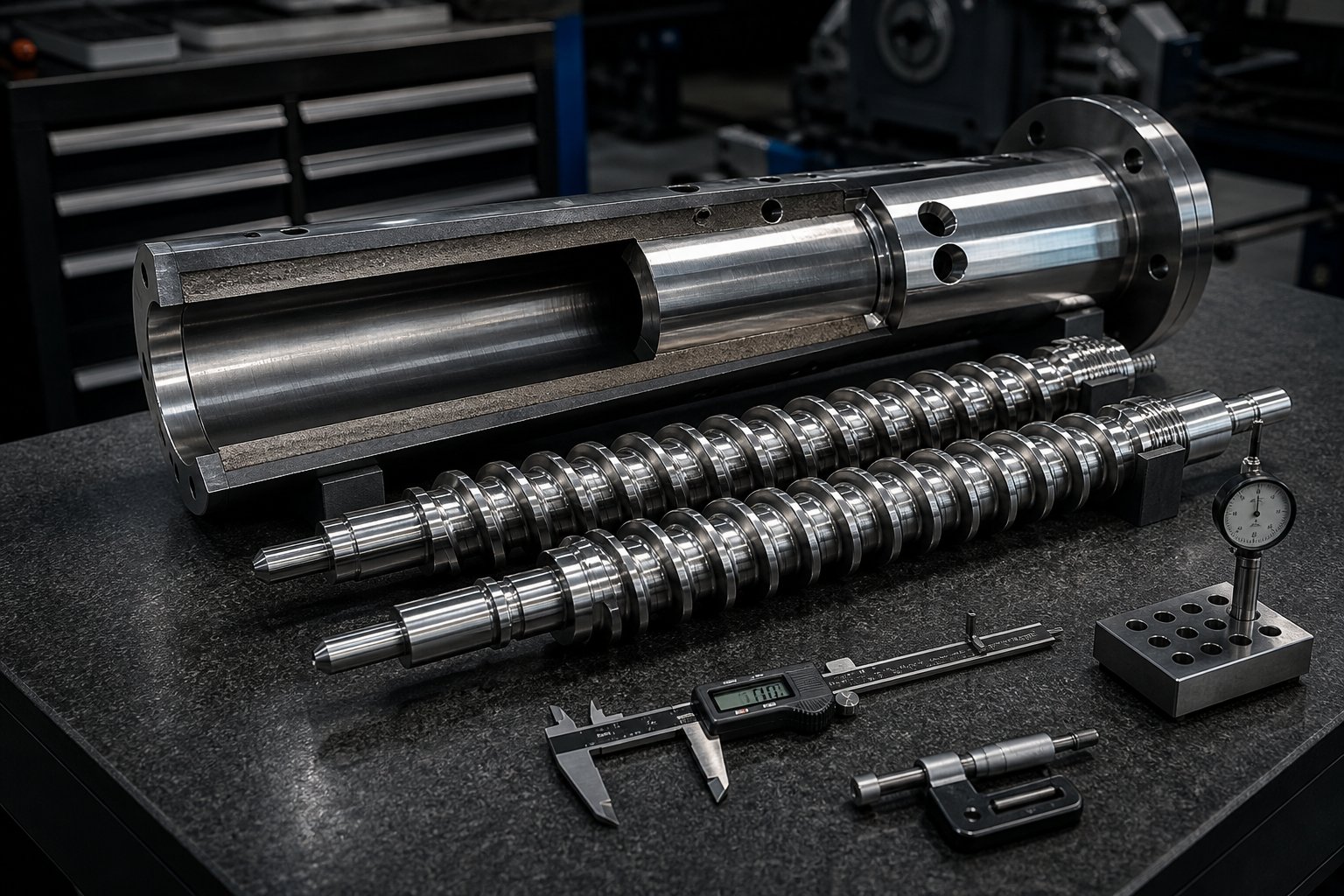 precision manufactured screw and barrel components for twin screw extruders with wear resistant metallurgy