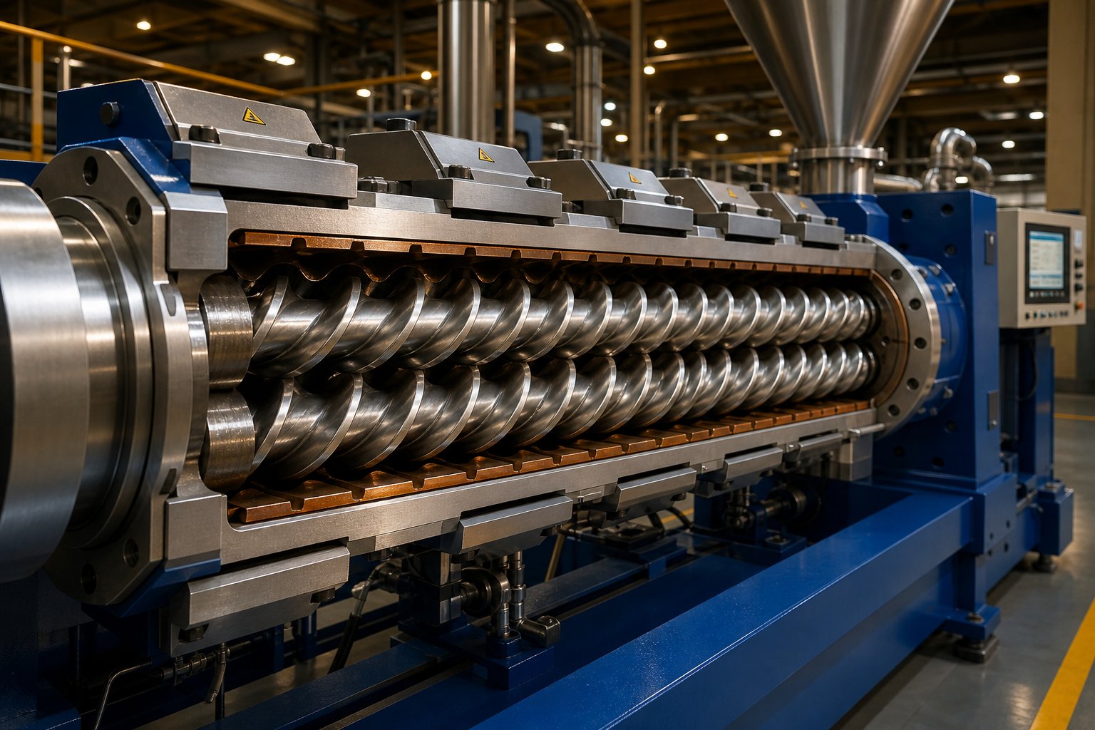 twin screw extruder for plastic processing with intermeshing screws inside a segmented heated barrel