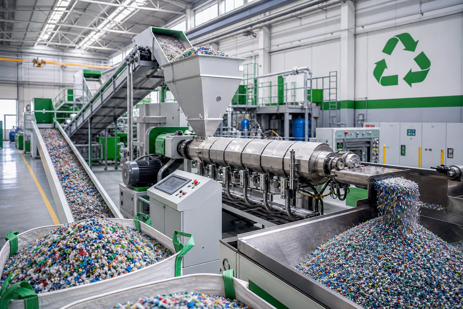 twin screw extrusion line processing recycled plastic flakes in a modern recycling facility