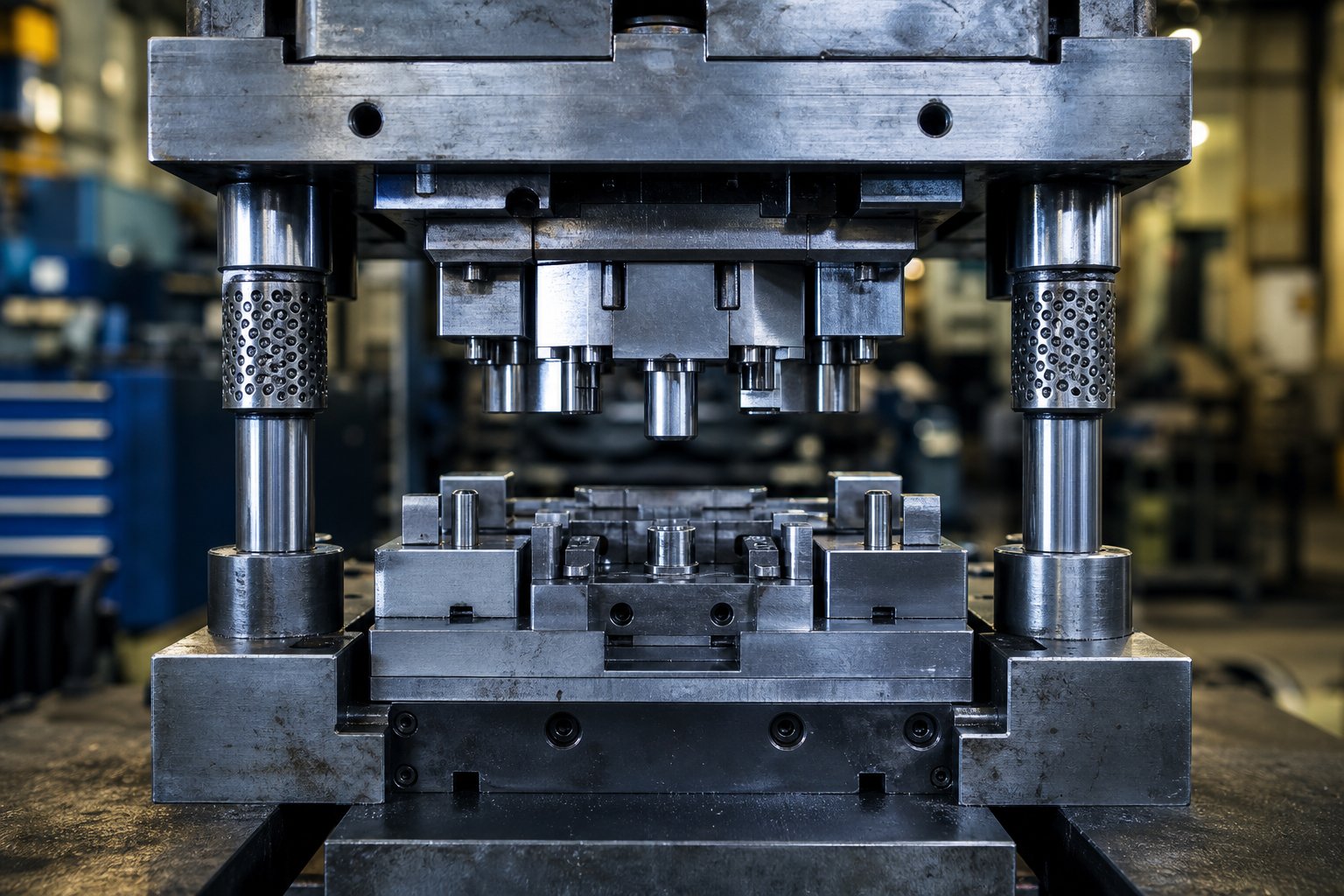 info-1-1 precision stamping tool die assembly showing upper and lower halves with hardened punch and die block components