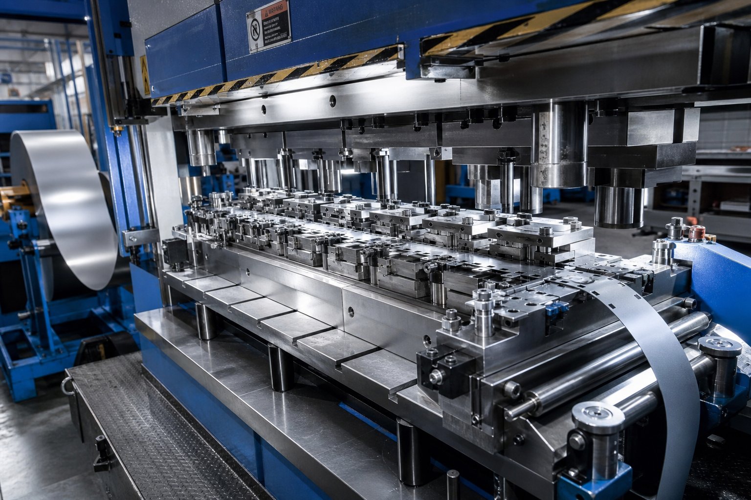 info-1-1 progressive stamping die mounted in a press with metal strip advancing through multiple forming stations
