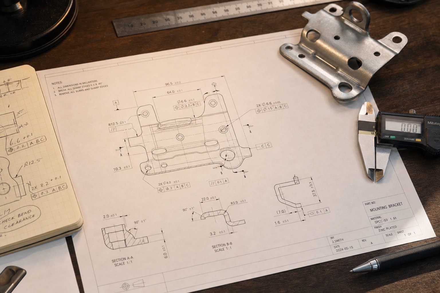 info-1-1 technical part drawing with gd&t callouts used to specify stamping die requirements for accurate procurement