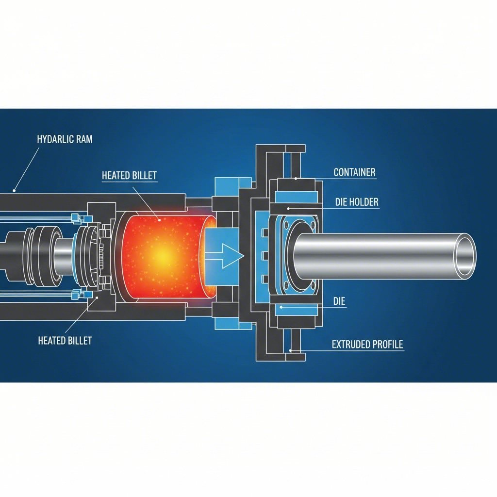 aluminum extrusion process showing billet compression through precision die to create hollow tube profiles
