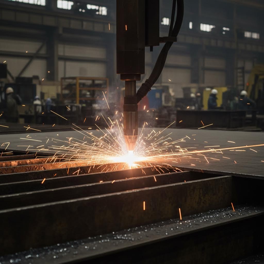 heavy gauge plasma cutting process on thick steel plate in industrial fabrication