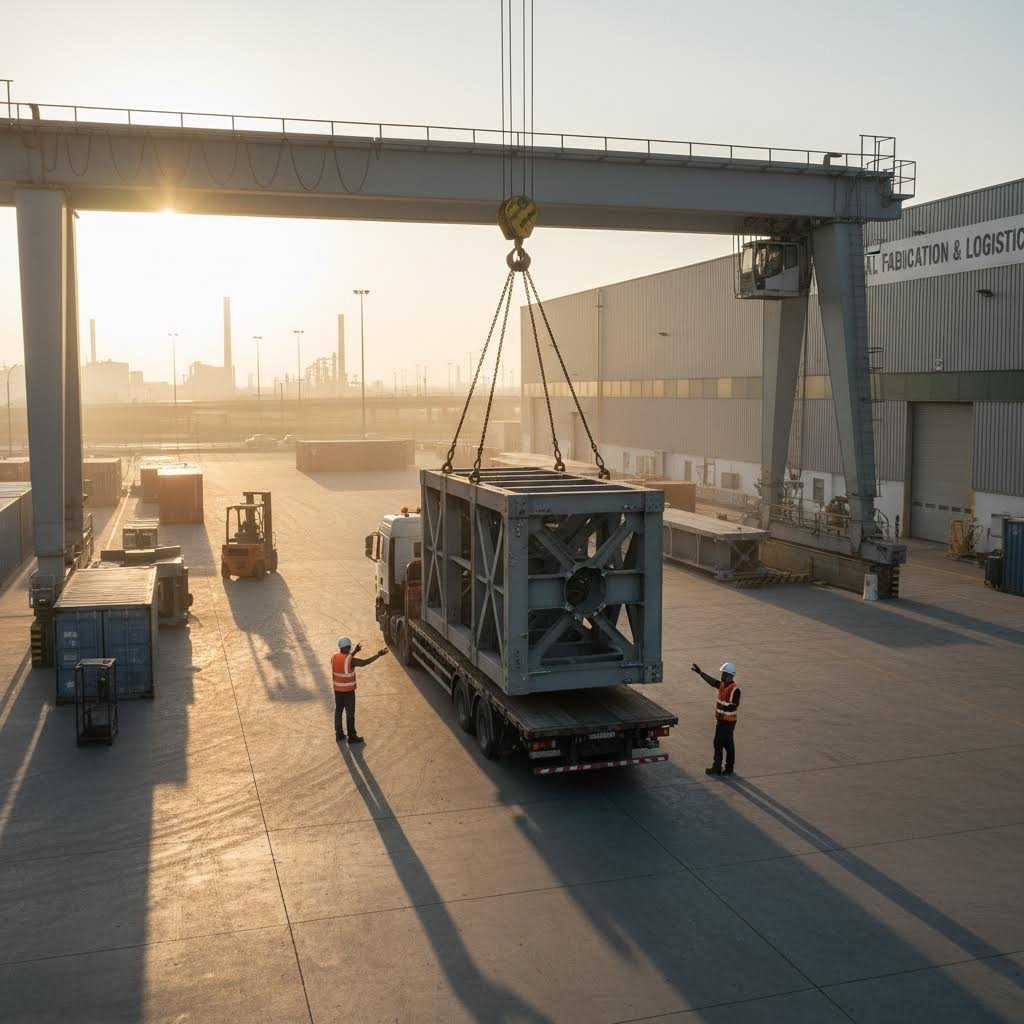 oversized fabricated metal components being loaded for specialized transportation