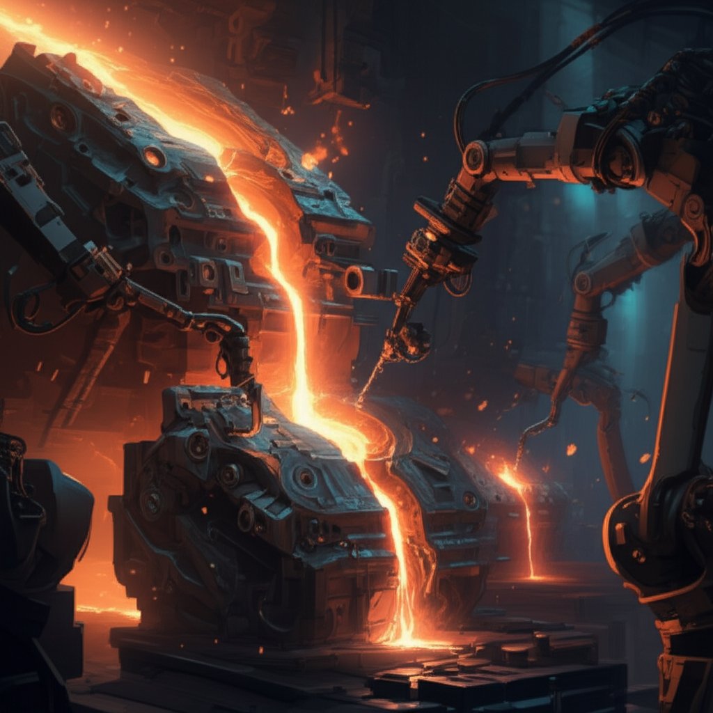 artistic representation of die cast automotive parts from molten metal symbolizing manufacturing precision