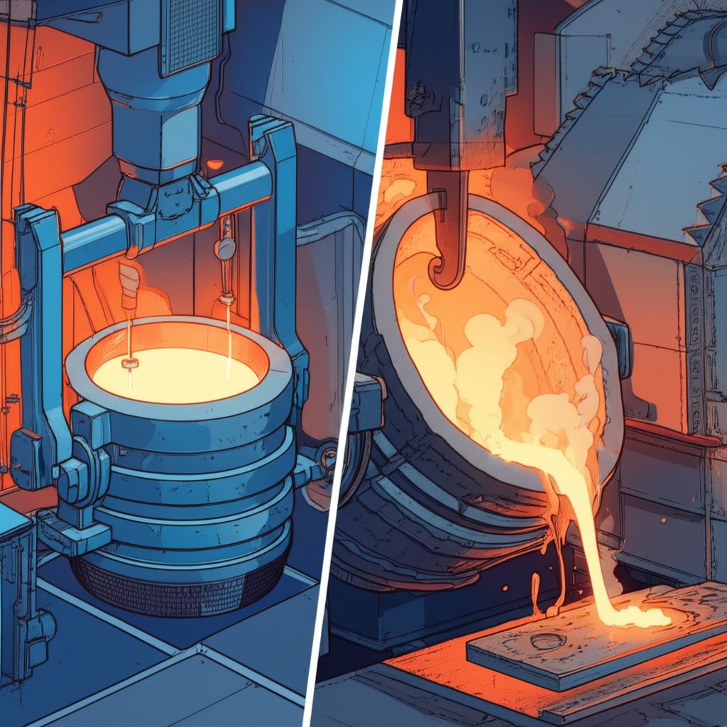 conceptual schematic comparing integrated hot chamber and separate cold chamber die casting processes