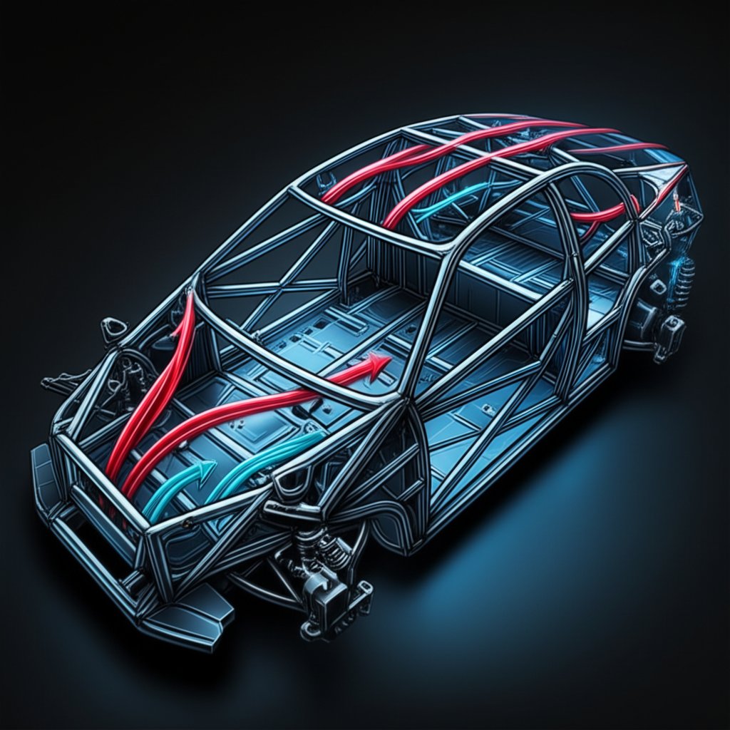 diagram of load paths and stress distribution on an aluminum space frame chassis