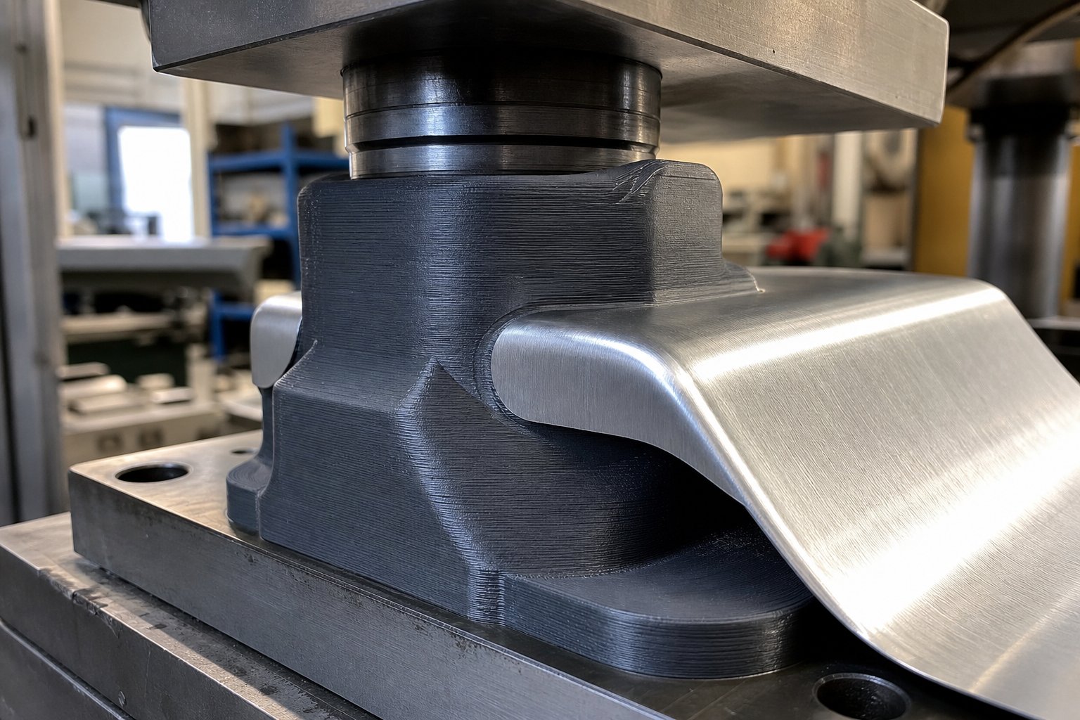 a 3d printed nylon stamping die mounted in a press ready to form sheet aluminum into a custom bracket shape