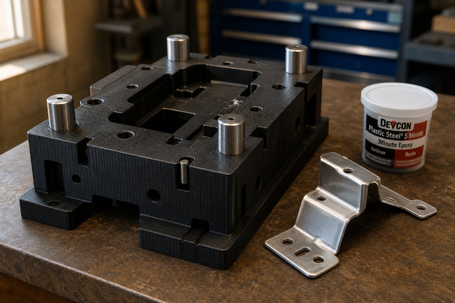 a hybrid stamping die combining a 3d printed nylon body with press fit hardened steel inserts at the forming edges for extended tool life