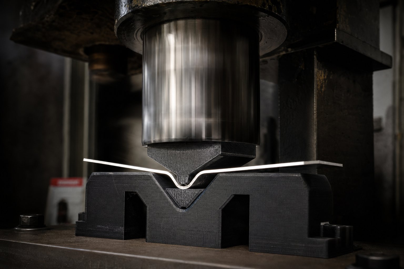 a hydraulic press applying controlled forming force to a 3d printed die bending thin aluminum sheet into shape