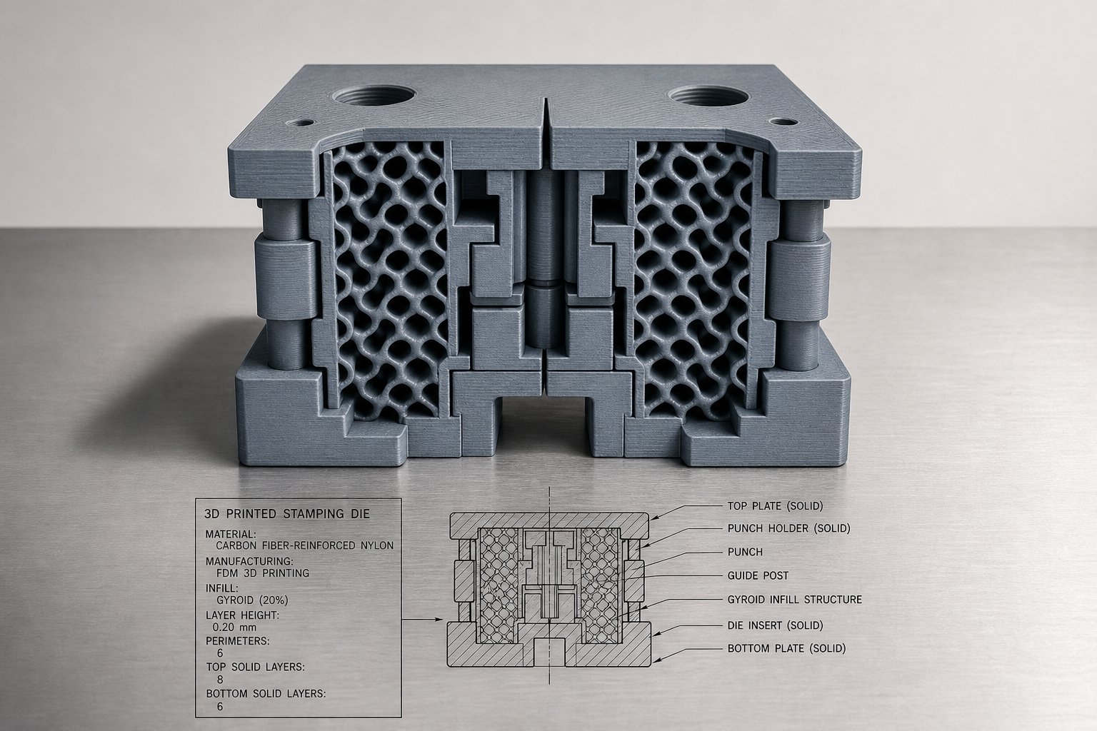 cross section of a 3d printed forming die revealing internal gyroid infill solid top layers and thick perimeter walls designed for press force resistance