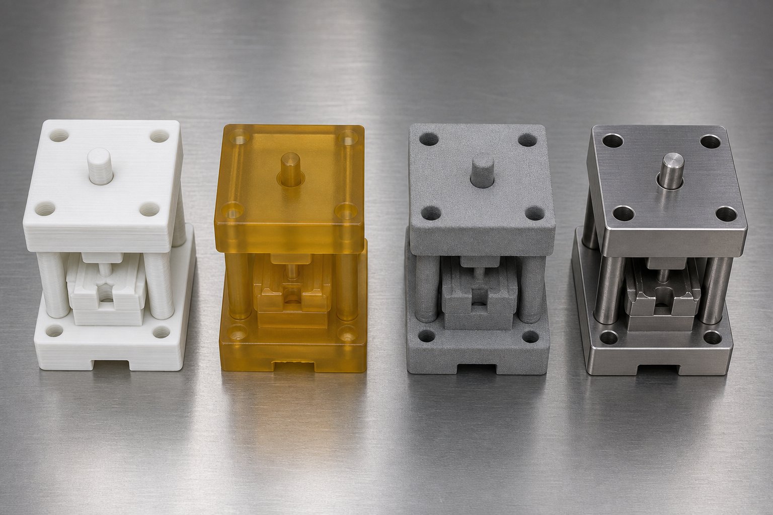 four stamping dies printed via fdm sla sls and metal sintering showing the surface finish and texture differences between each technology