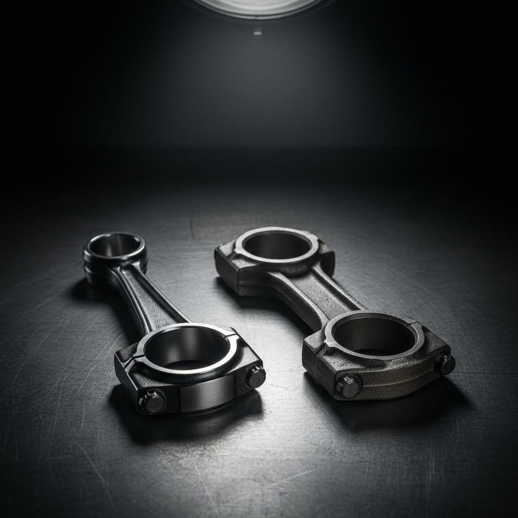 comparison of forged connecting rod materials showing different steel alloy finishes and construction