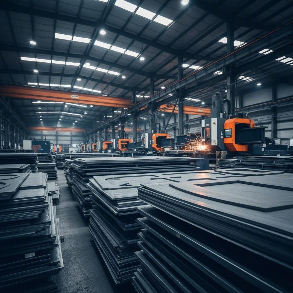 custom steel sheet processing facility with precision cutting equipment and stacked materials