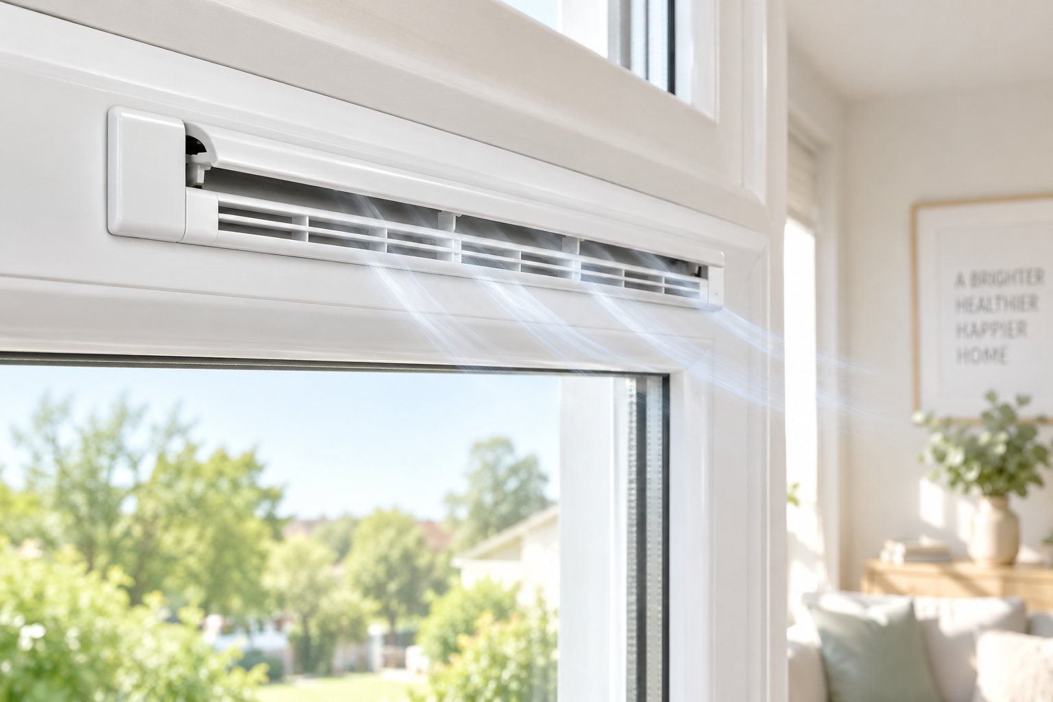 a trickle vent installed in a upvc window frame providing continuous background ventilation