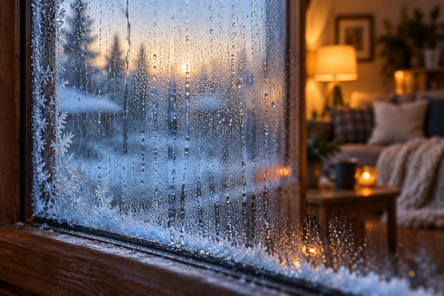 condensation droplets forming on a cold window pane during a winter morning