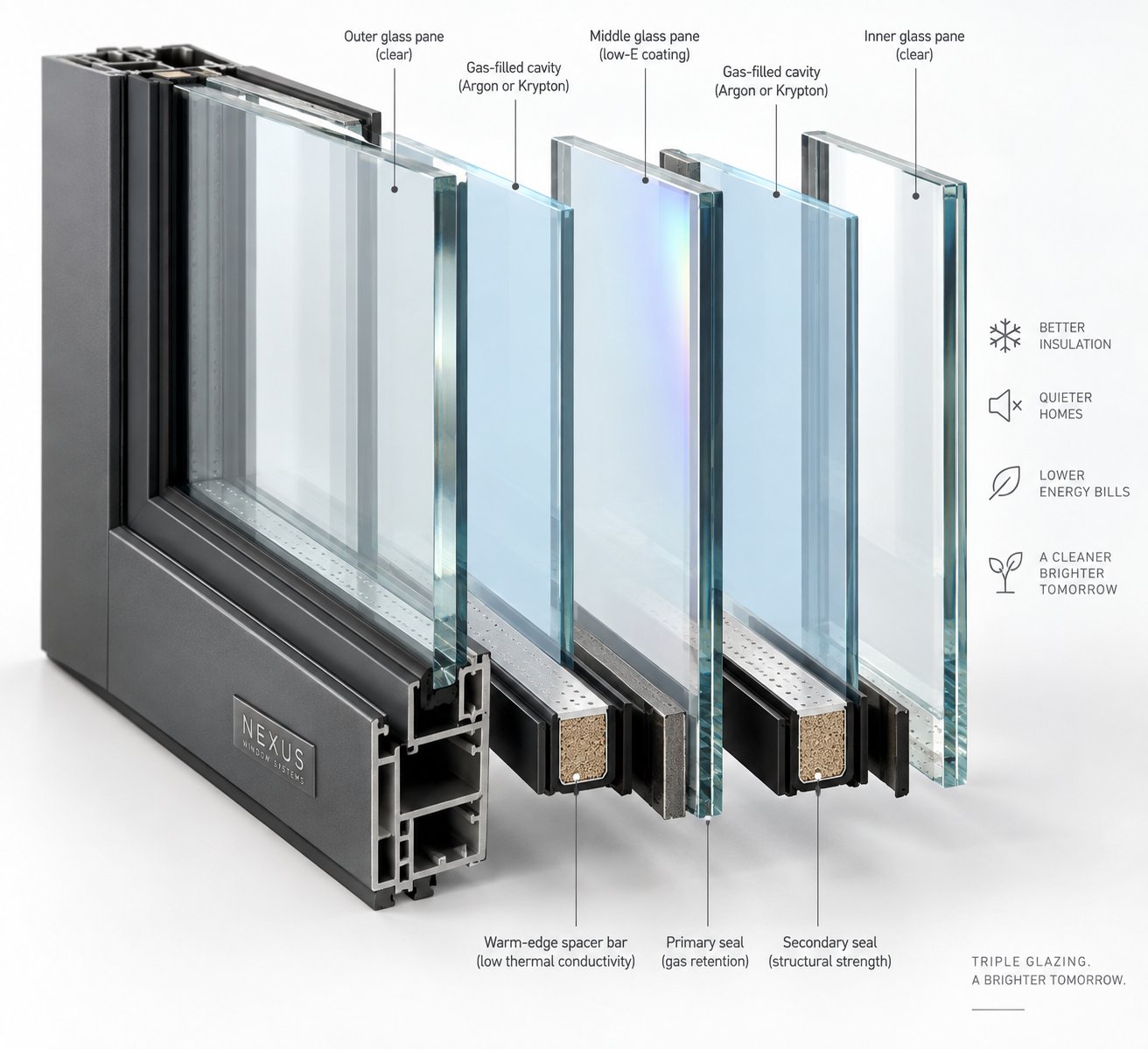 layered components of a modern high performance window designed to reduce condensation