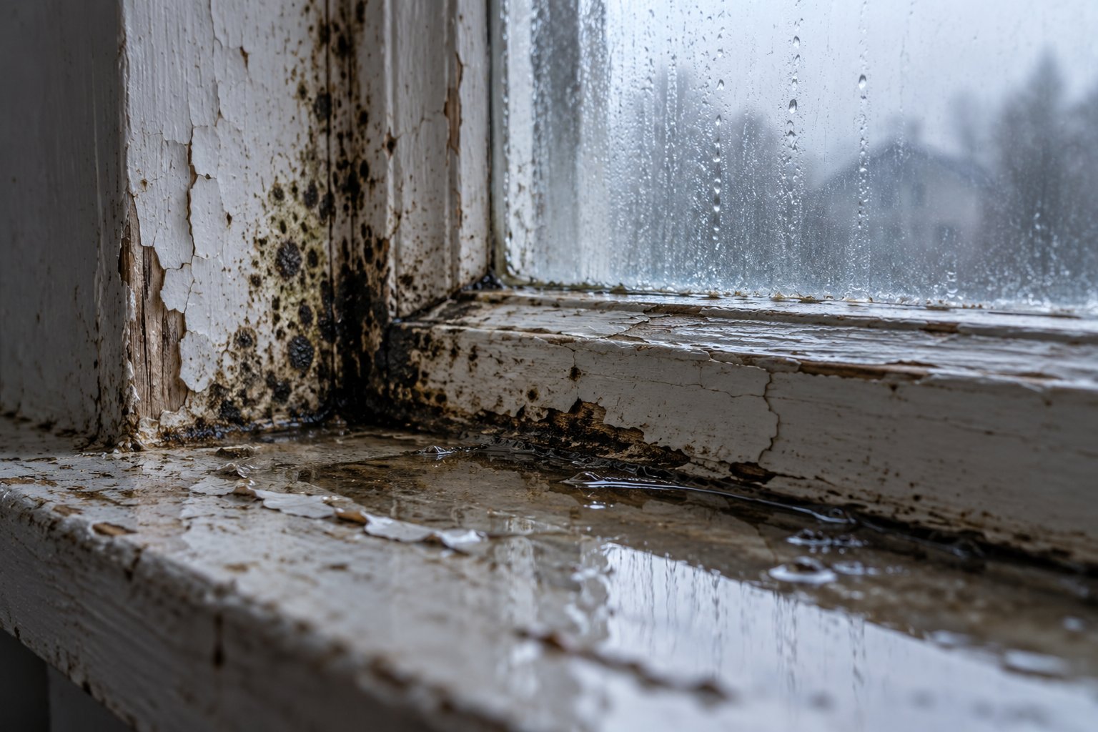 mold growth and paint damage on a window sill caused by persistent untreated condensation