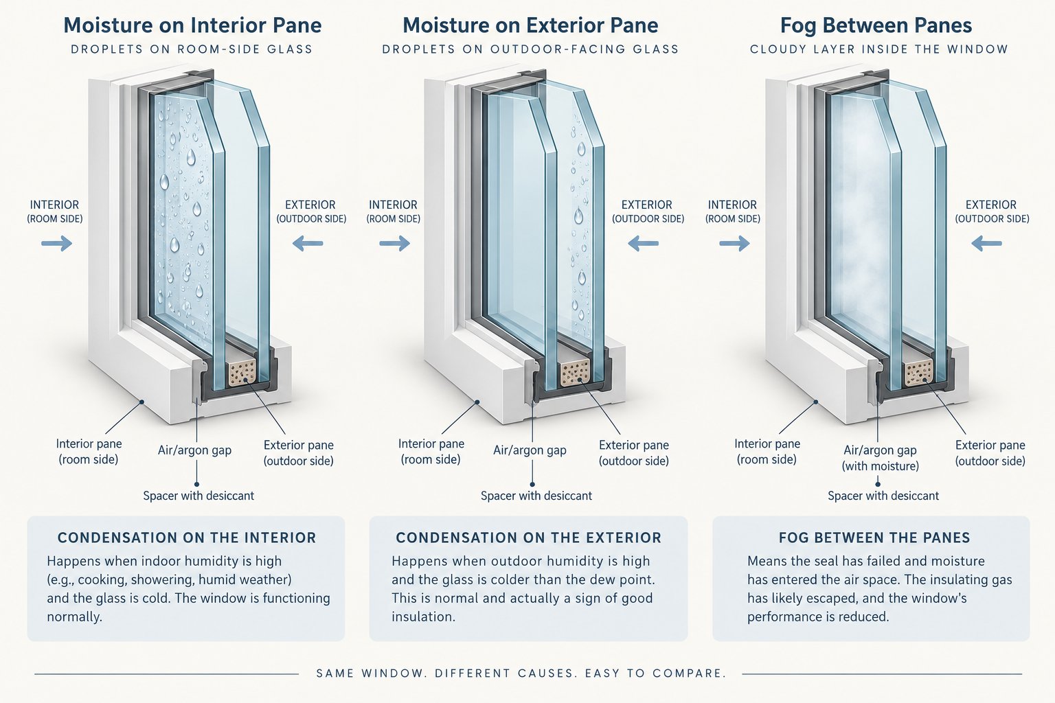 three types of window condensation shown in cross section interior exterior and between panes