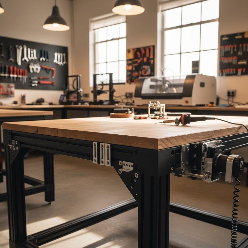 black aluminum extrusion workbench frame in a maker workshop setting