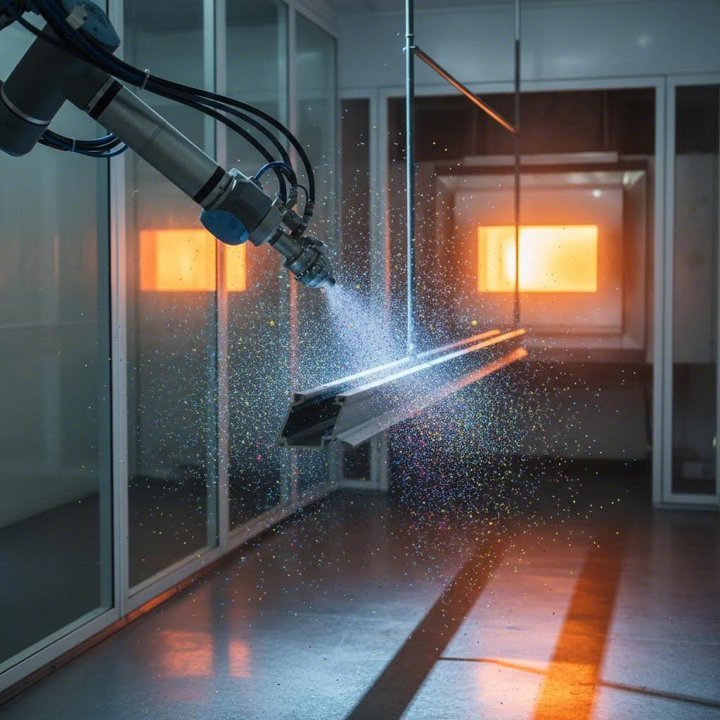 electrostatic powder coating application delivers uniform coverage on complex aluminum profiles