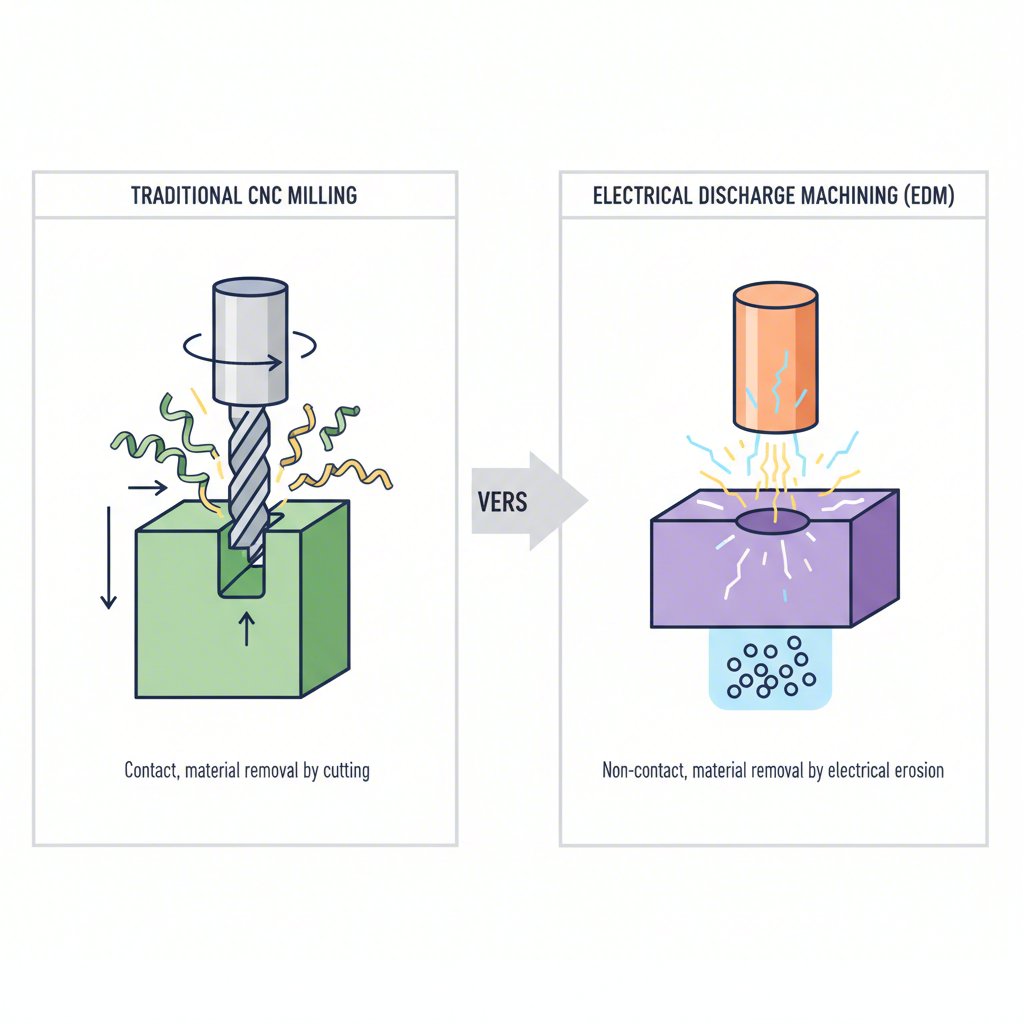 diagram comparing conventional machining with the principles of edm