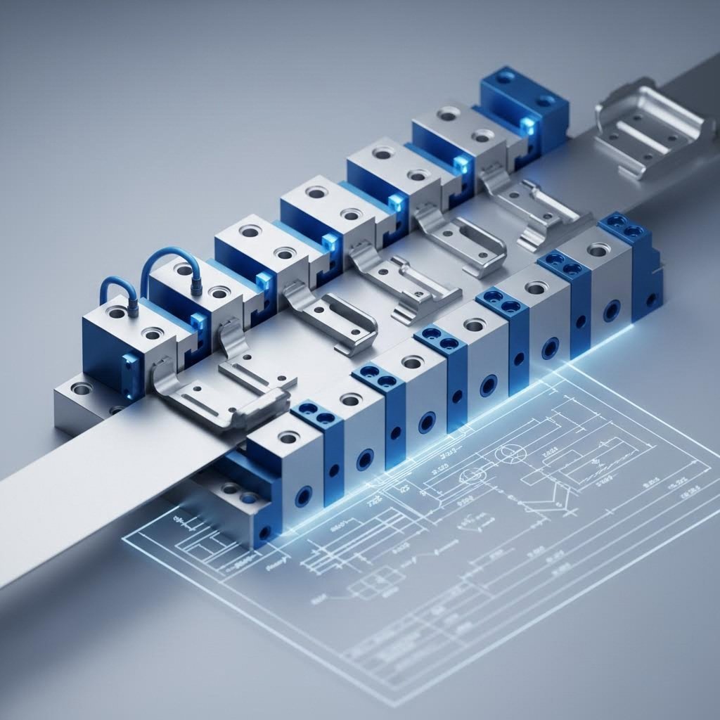 Progressive die stamping process transforming metal strip into brackets