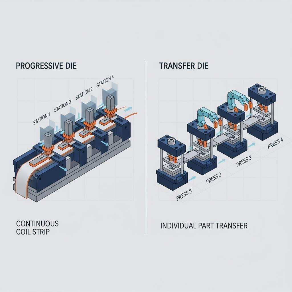 Schematic comparison of progressive and transfer die stamping mechanisms