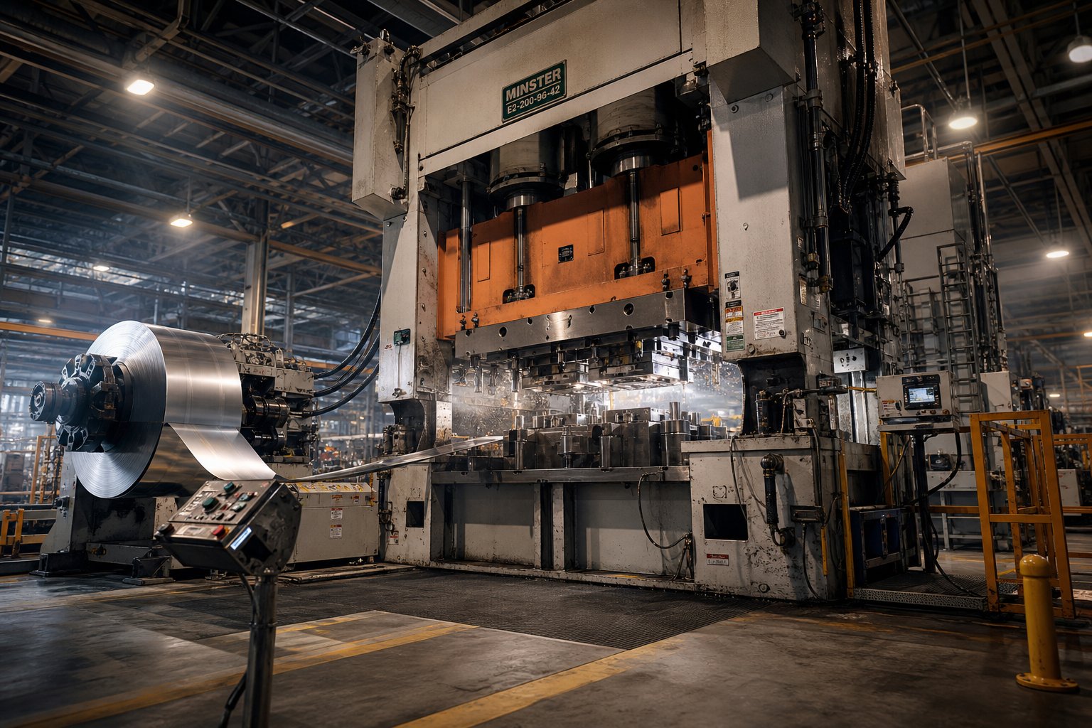 a stamping press with progressive die tooling producing metal parts from continuous coil stock in a manufacturing facility