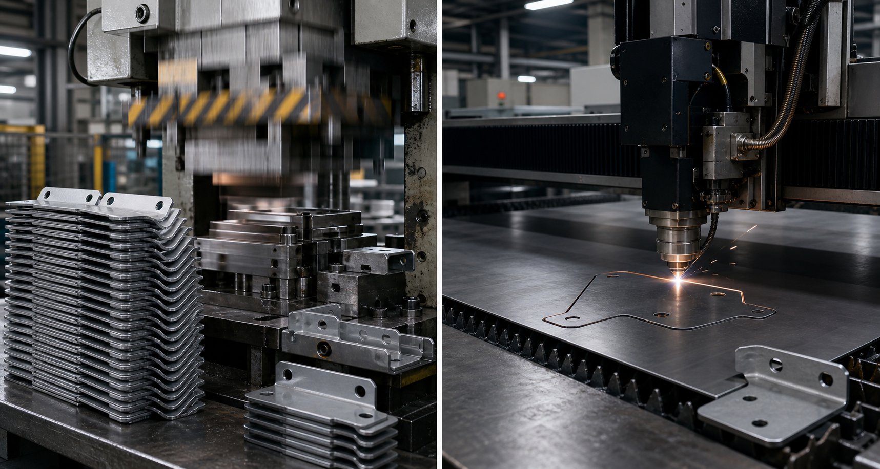 stamping produces high volumes of identical parts at a fraction of the per piece cost compared to laser cutting or cnc machining