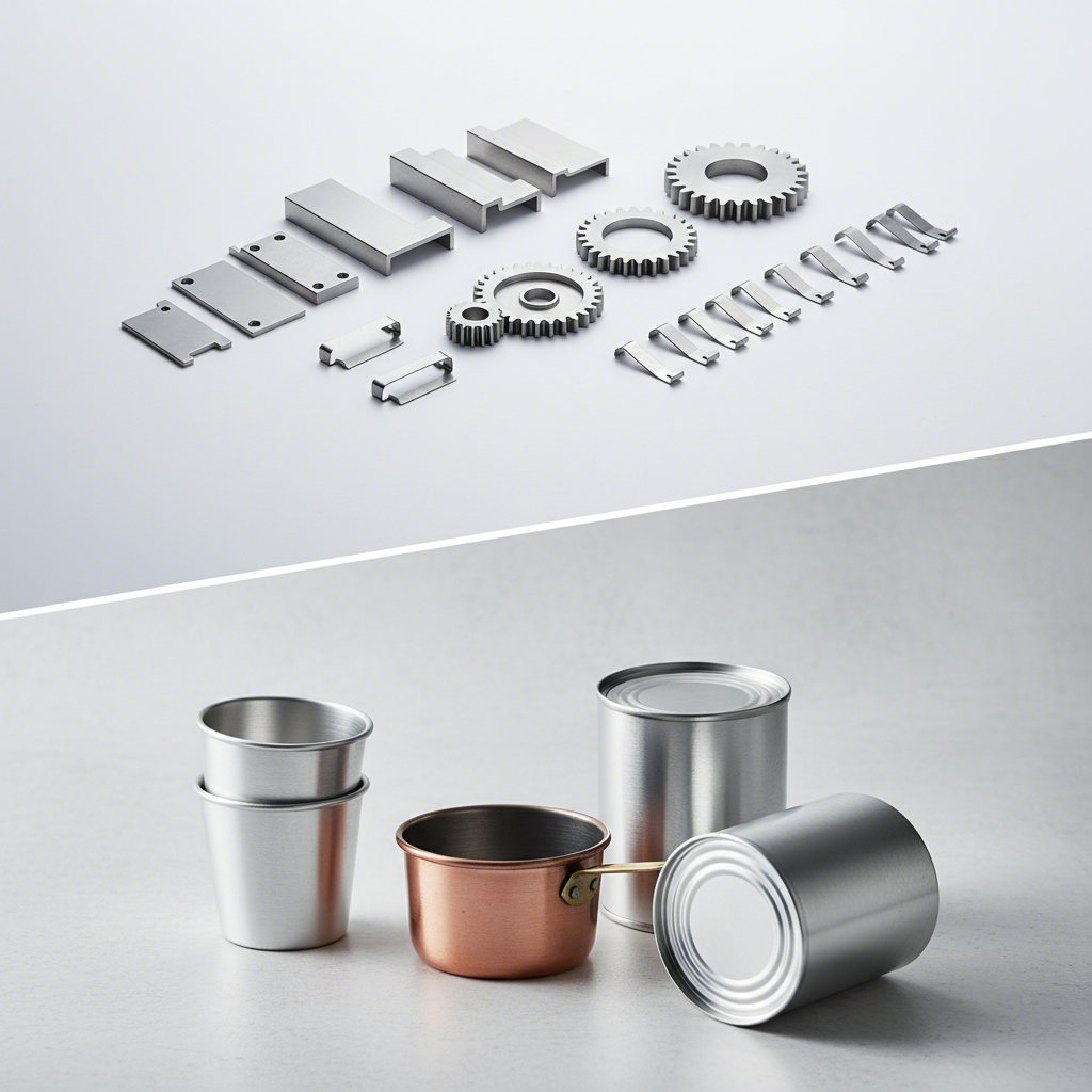 an array of typical stamped parts contrasted with examples of seamless deep drawn components