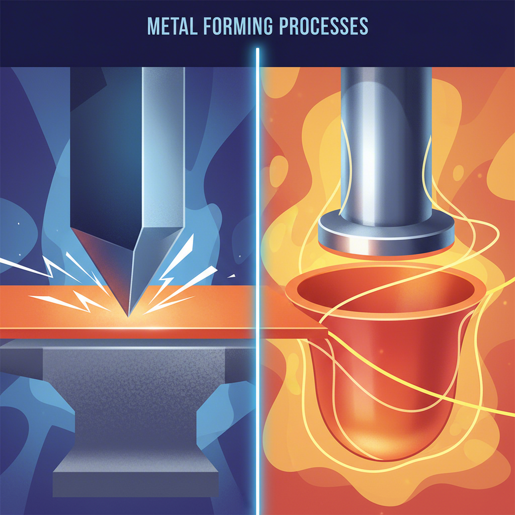 conceptual comparison of the angular action of a stamping die versus the deep forming of a drawing die