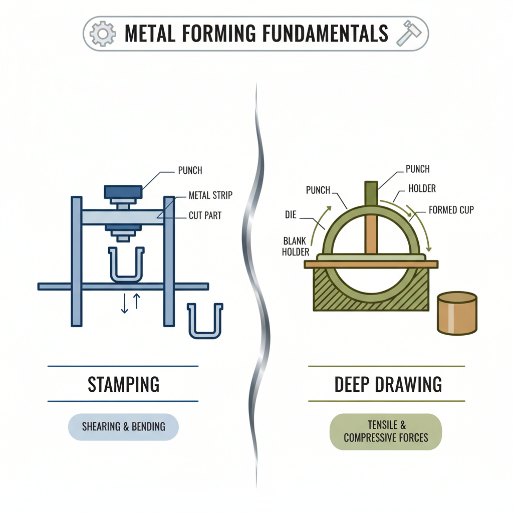 diagram showing the mechanics of metal stamping versus the process of deep drawing