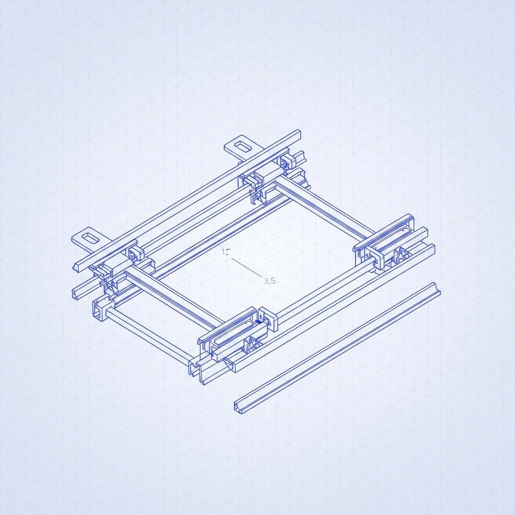 Blueprint illustration of stamped automotive seat rail profiles and slider mechanisms