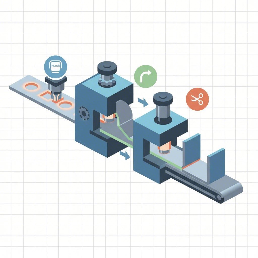 Progressive die stamping process diagram for forming metal seat tracks