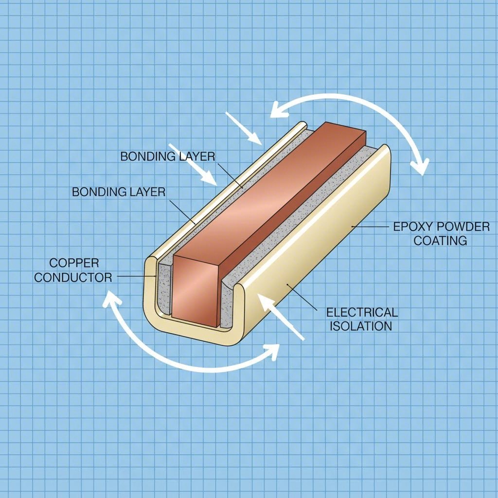 Cross section diagram of epoxy powder coated busbar for thermal management